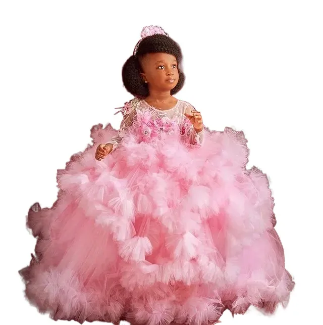 Luxurious Pink Flower Girl Dresses Sheer Neck Feather Little Girl Wedding Dresses Cheap Communion Pageant Dresses Gowns