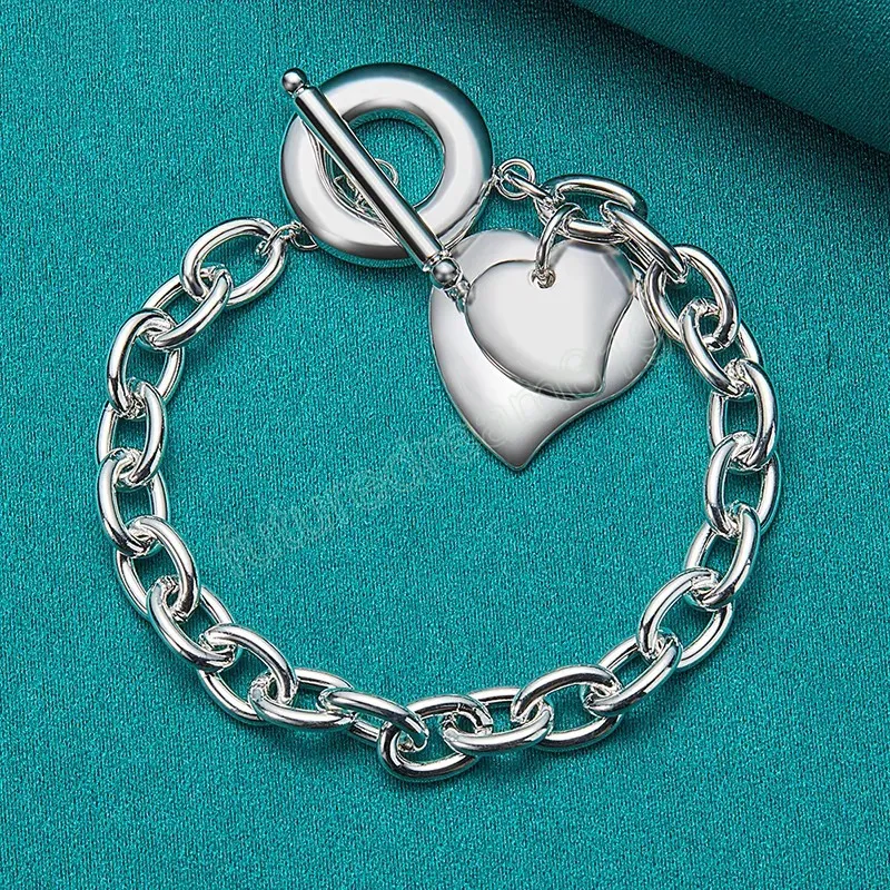 925 Sterling Silver Two Heart Pendant Armband Chain For Women Man Wedding Engagement Fashion Charm Party Jewelry