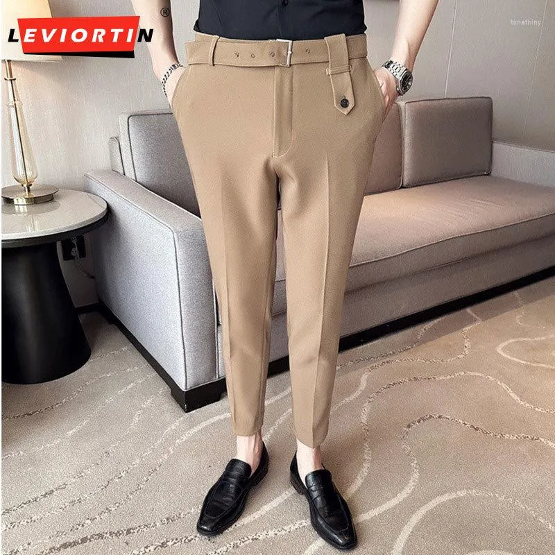 Men's Pants Plus Size 29-36 Thin Suit High Quality Solid Color Slim Fit British Light Mature Feet Cropped With Belt