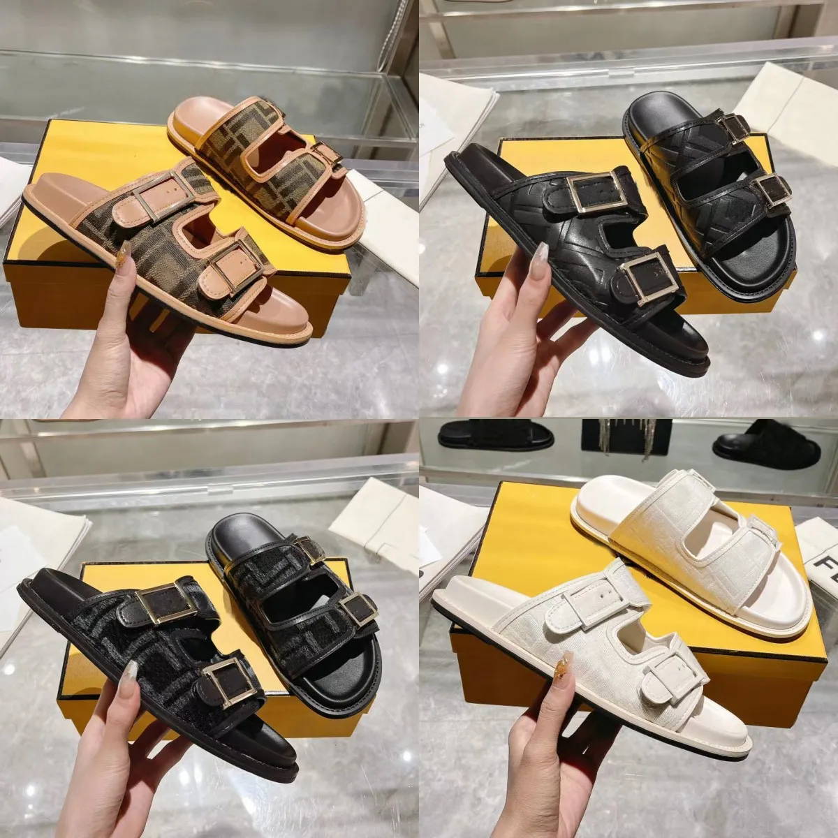 Designer-Sandalen für Herren und Damen, Hausschuhe, Plateauschuhe, Leder, Slides, Stoff, F, Slipper, Buchstabendruck, Schnalle, Sandale, flache Gummi-Flip-Flops, modisch im Freien