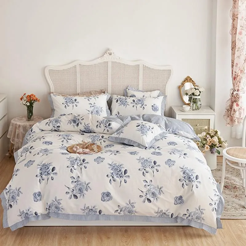 Ensembles de literie coton bleu blanc fleur imprimé housse de couette avec fermeture à glissière doux léger respirant Vintage botanique ensemble