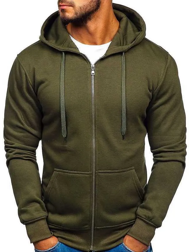 Men's Zip Up Sweatshirt Sweat Jacket Hooded Solid Color Sports & Outdoor Casual Cool Essential Winter Clothing Apparel Hoodies Sweatshirts Long Sleeve