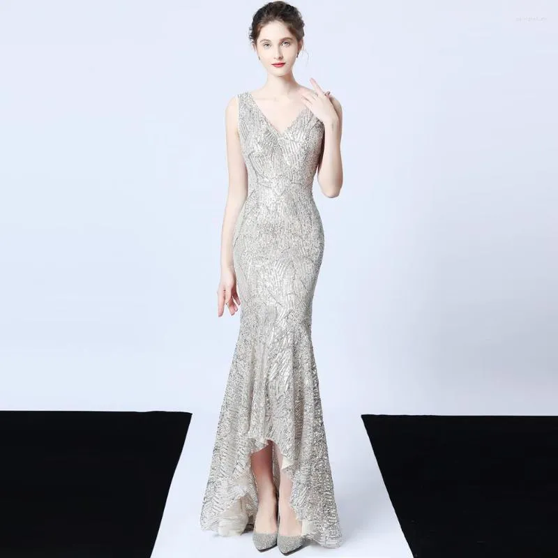 Sukienki swobodne sukienki na imprezę Rose Gold Lśniąca, Elegancka Elegancka Sukieka Deep V Nakień Nieregularne długie, formalne kobiety wieczorne vestidos