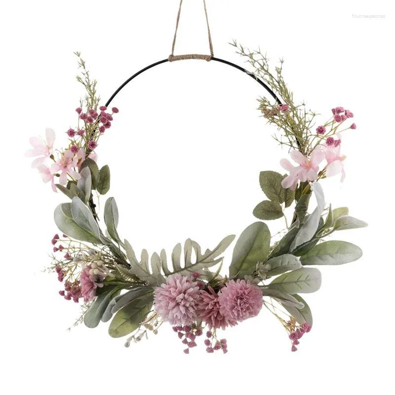 Decorative Flowers Spring Wreath Pink Purple Orchid Chrysanthemum Dandelion Gypsophila Hoop Colorful Farmhouse Door Hanger Home Decorations