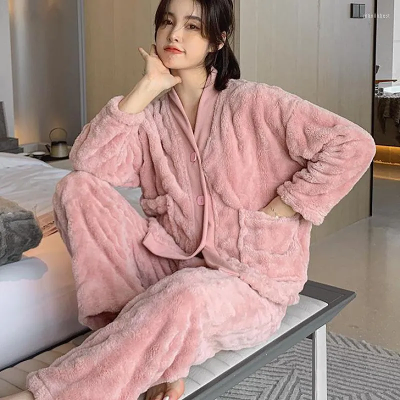 Vêtements de nuit pour femmes Coral Fleece Femmes Pyjamas Set Button-down Lounge Wear 2 Pcs Nightwear Suit Winter Long Sleeve Pyjamas Home Clothes