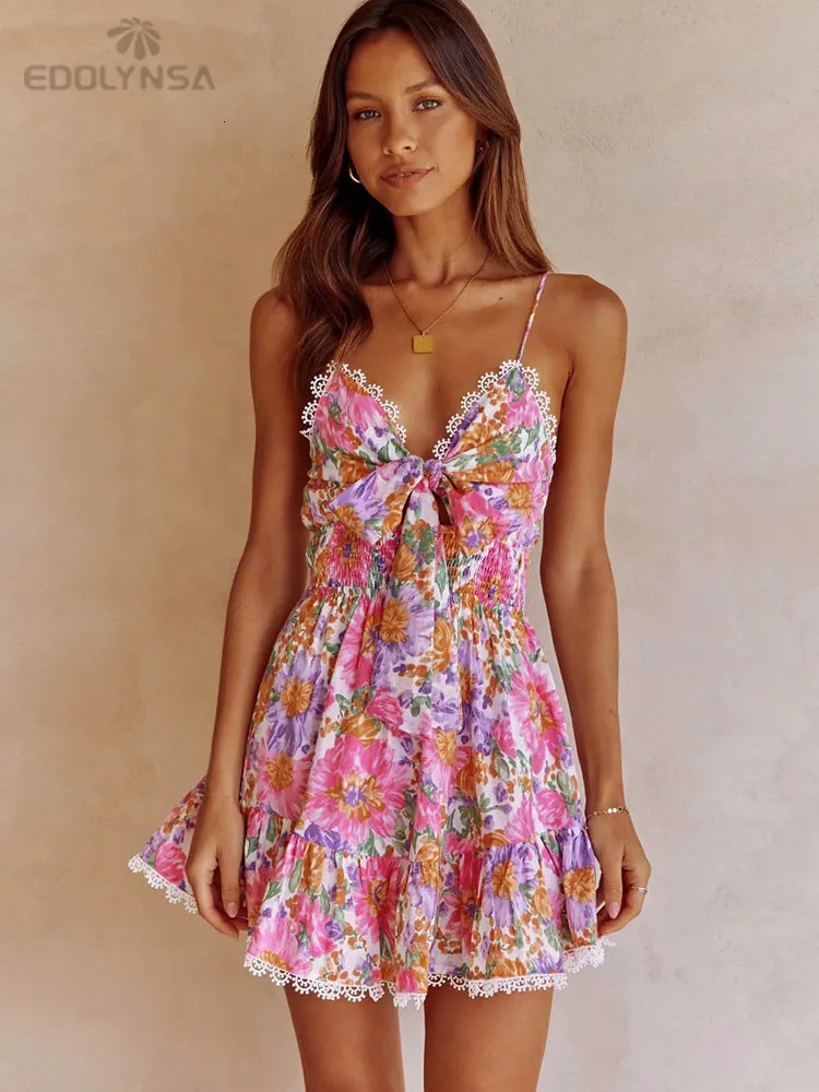 Save Big on Bulk White Lace Spaghetti Strap Dress Beach Spaghetti Strap  Summer Dress Women's Casual Mini Dress Lace Up Frills High Waist Holiday  Beach