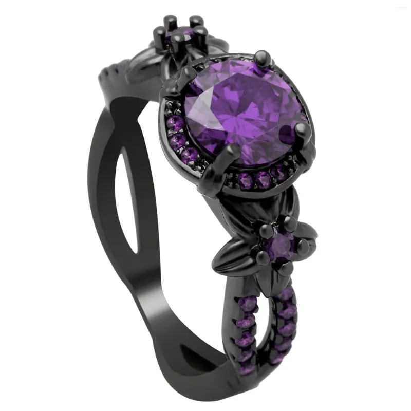 Bröllopsringar 2023 Black Gun Color Ring Vintage Hollow Star Round Stone Jewelry for Women Purple Zirconia Claw Aneis Band Gifts