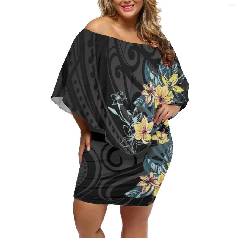 Casual Dresses Summer Knit Off-the-Shoulder Dress Ladies Elegant Short Kirt Lotus Collar Low Cape Polynesian Tribal Print