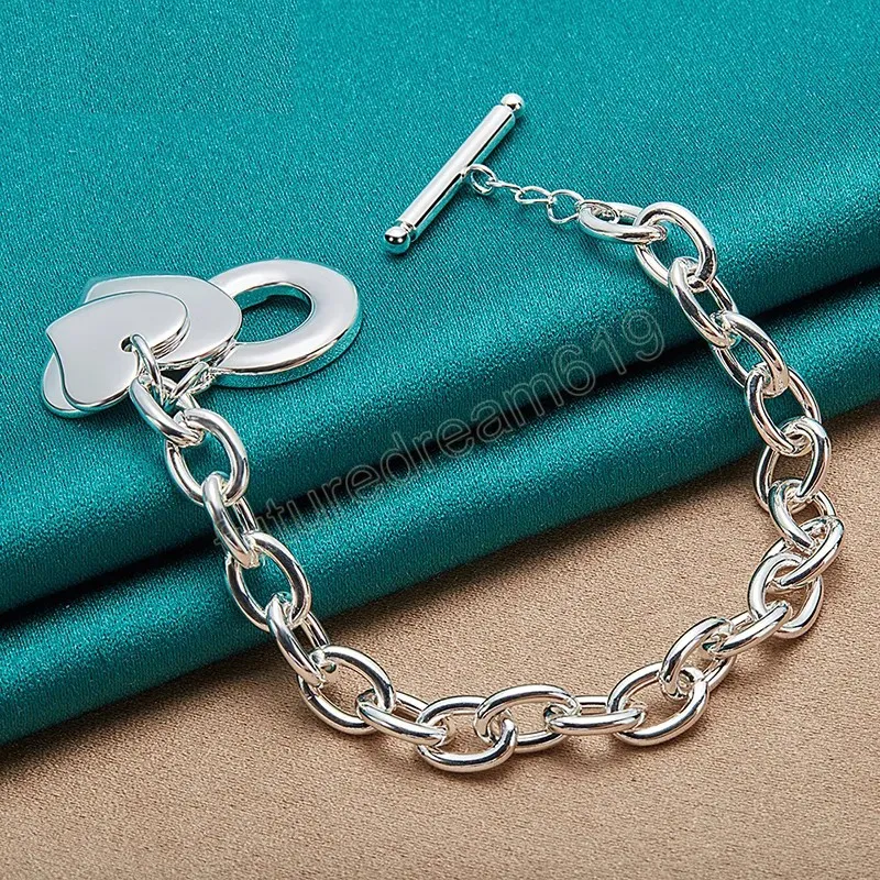 925 Sterling Silver Two Heart Pendant Armband Chain For Women Man Wedding Engagement Fashion Charm Party Jewelry