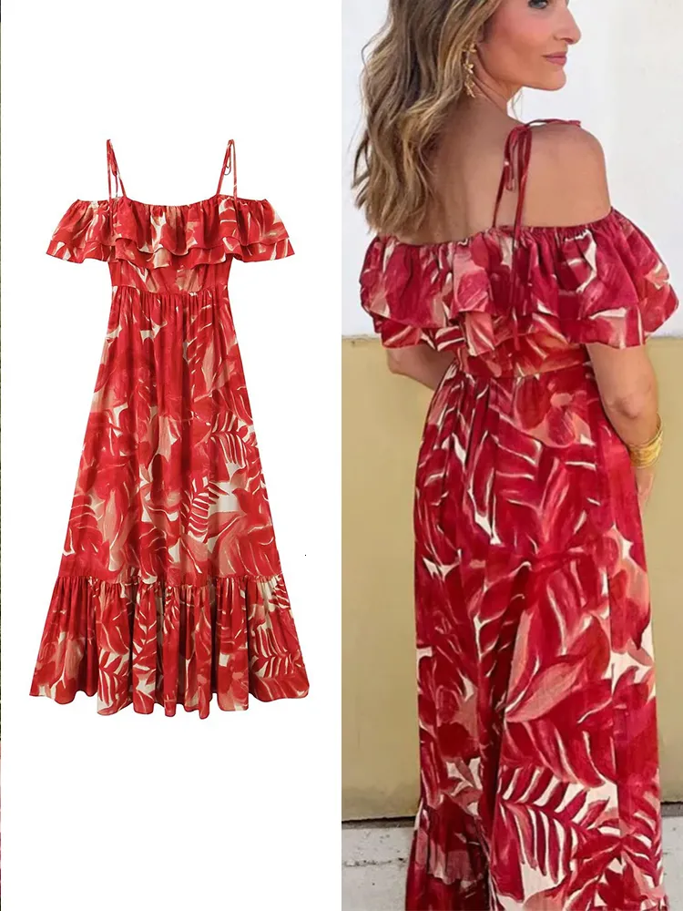 Robes décontractées basiques TRAF Été Femmes Imprimer Slip Dress Casual Slash Neck Tierred Décoration Sans Manches Longueur Au Sol Lâche Midi Robe Longue 230715