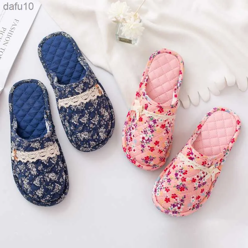 Hemt tofflor för kvinnor bomullstyg Family Hotel Shoes Floral Flower Female Slides Mane Ineoor Bedroom Flat Tall Slipper Men L230704