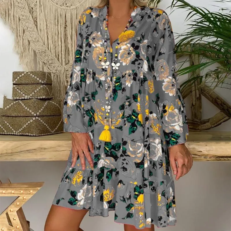 Casual Jurken Retro Bloemenprint Vrouwen Jurk Knopen Halve Knoopsluiting Uitlopende Mouwen Ruche Zoom Hoge Taille Loose Fit Shirt Streetwear