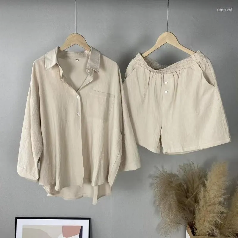 Agasalhos femininos Conjuntos de 2 peças de linho de algodão de verão Conjuntos elegantes casuais plus size combinando terno blusa shorts