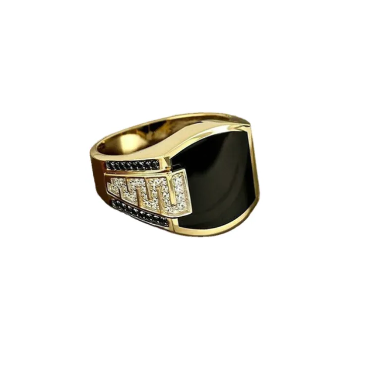Classique hommes bague mode métal or couleur incrusté pierre noire Zircon Punk anneaux pour hommes fiançailles mariage Vintage bijoux