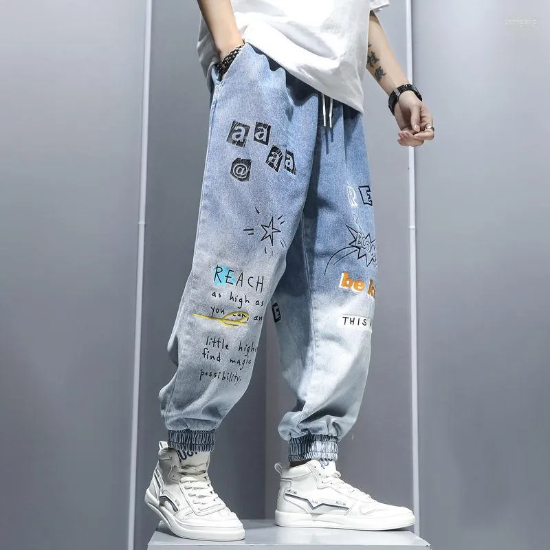 Men's Jeans Graffiti Printing Gradient Hip Hop Trousers Harem Cartoon Loose Casual Ankle Banded Pants Cargo Denim For Men