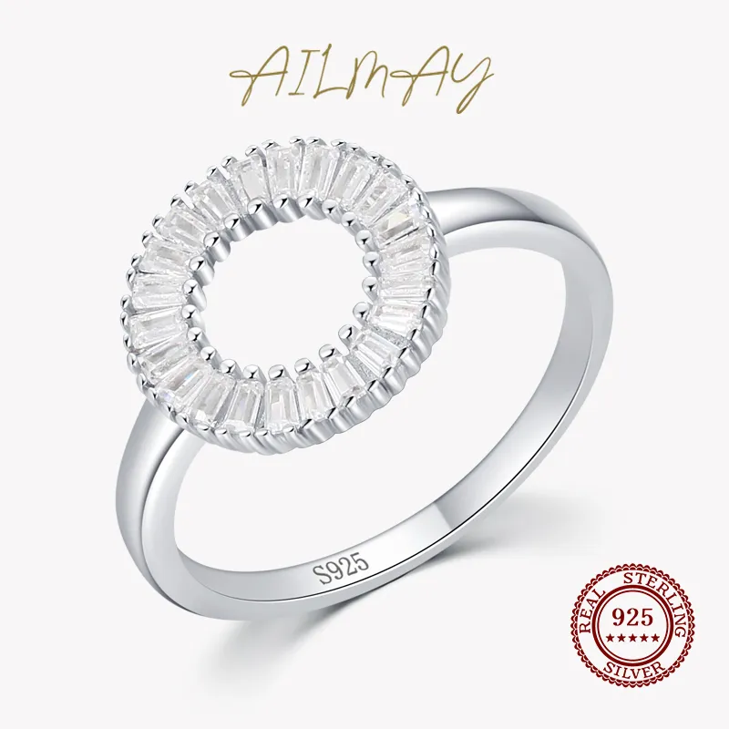 Ailmay Real 925 Silver Sterling Silver Clear Zircon Circle Round Finger Ring For Women Wedding Statement Fine Silver Jewelry