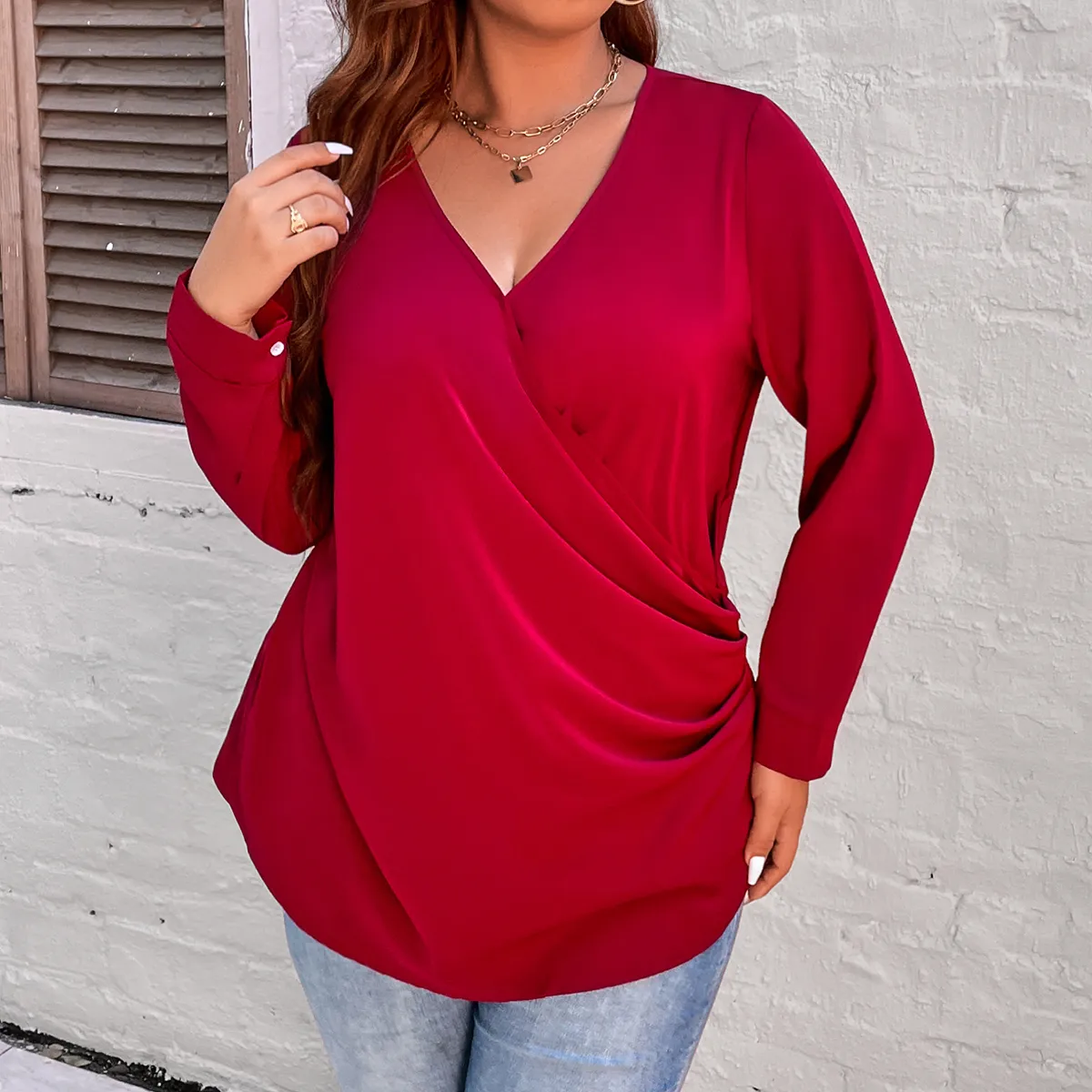 Women's Plus Size T-Shirt Plus Size Women Clothing Autumn Winter Loose Fit Long Sleeve T Shirt Solid Black Large Big Tops V Neck Casual Blouse 4XL 230715