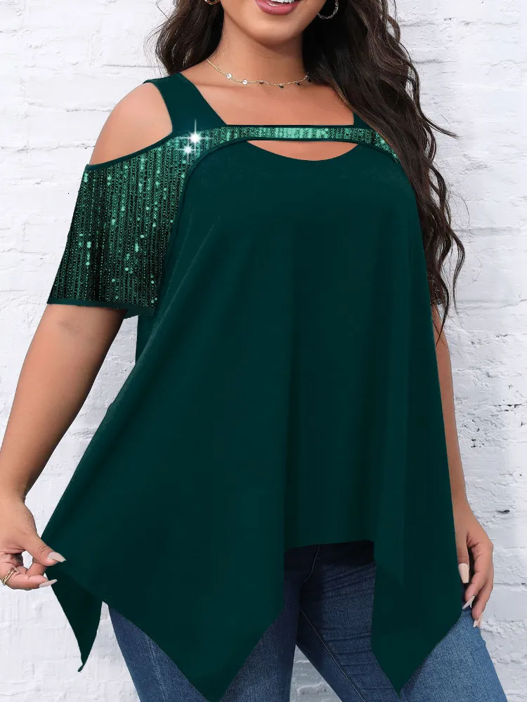 Women's Plus Size T-Shirt 4XL 5XL 6XL Plus Size Tops Woman Fashion Short Sleeve Sequined Patchwork Chic and Elegant Blouse Irregular Tee Shirt 230715