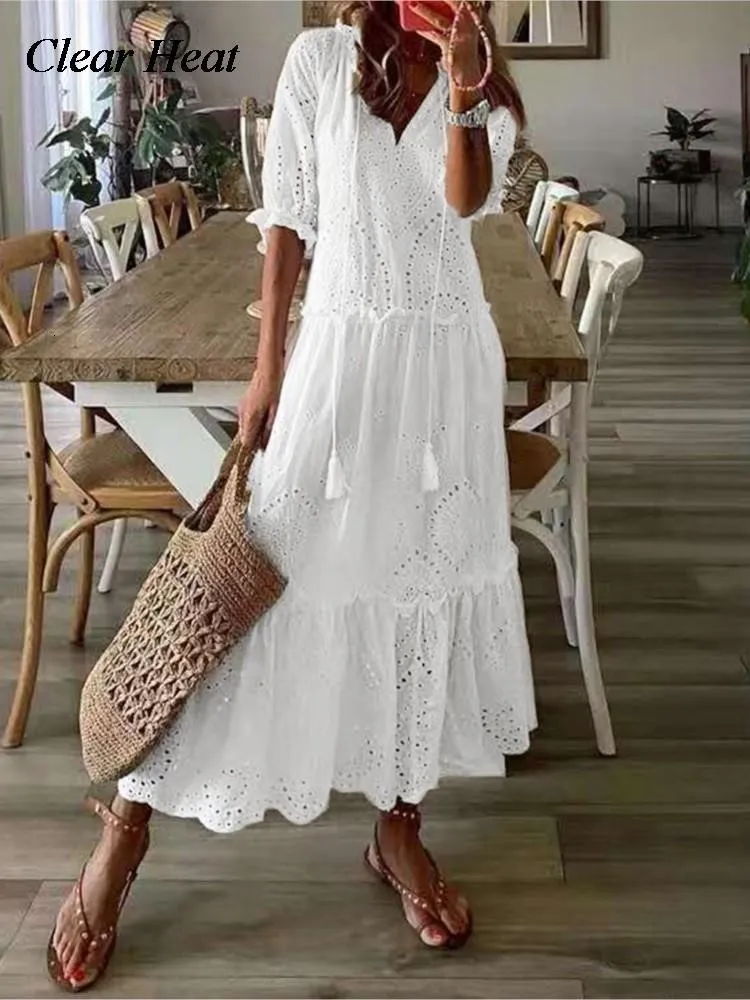 Plus size Dresses Summer Cotton White Maxi Dress For Women Casual Hollow Crochet Bohemian Loose Beach Robe Ladies Plus Size Holiday Vestidos 230715