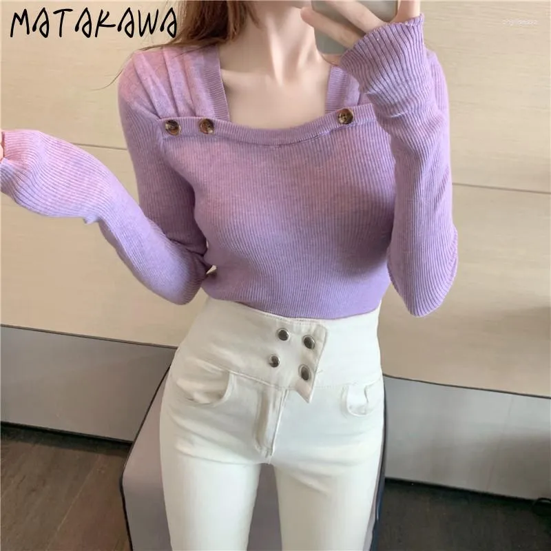 Women's Sweaters Matakawa Jersey Mujer Solid Square Neck Buttons Korean Fashion Women Vintage Slim All Match Basic Pull Femme Tops