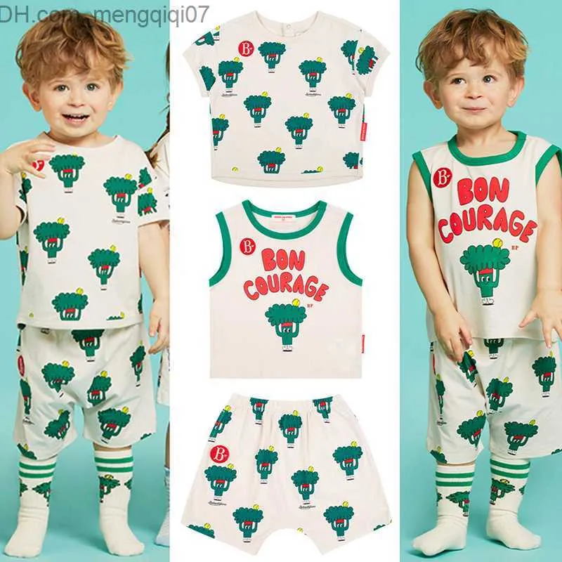 Kläder sätter nya sommar 2023 Bebe de Pino Children's T-shirt set full broccoli tank top t-shirt pojkar och flickors shorts barnkläder set z230717