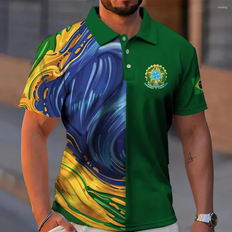 Men's Polos Brazil Man Polo Shirts Summer Lapel Button 3d Printed Oversized Male Clothing Everyday Casual Short Sleeve Tees Top