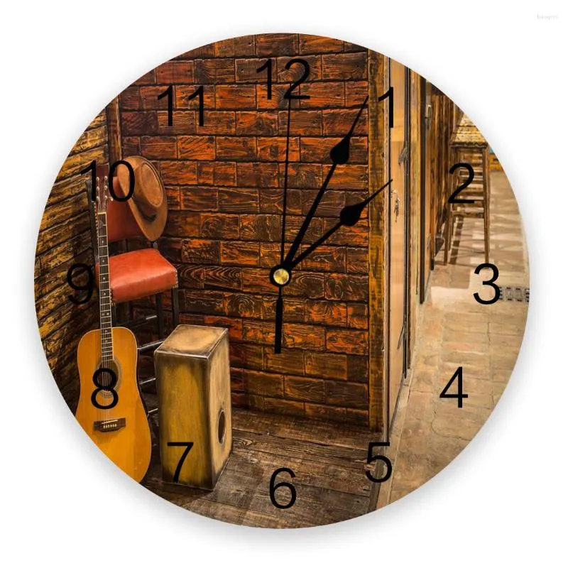 Horloges murales articles de guitare briques horloge ronde acrylique suspendu temps silencieux maison intérieur chambre salon bureau décoration