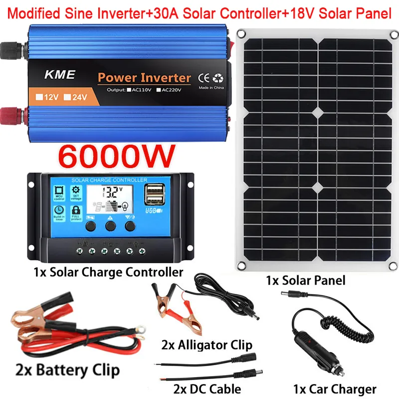 Inne elektronika 12 V do 220 V System panelu słonecznego 18 V 20W Solar Panelu 30A Kontroler ładowania 6000W Zmodyfikowana fala sinusoidalna Zestaw wytwarzania energii falownika 230715