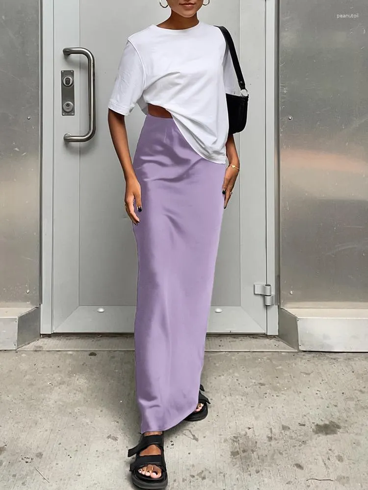 Gonna Maxi Satinata Di Seta Nera Femminile Matita In Avvolgimento