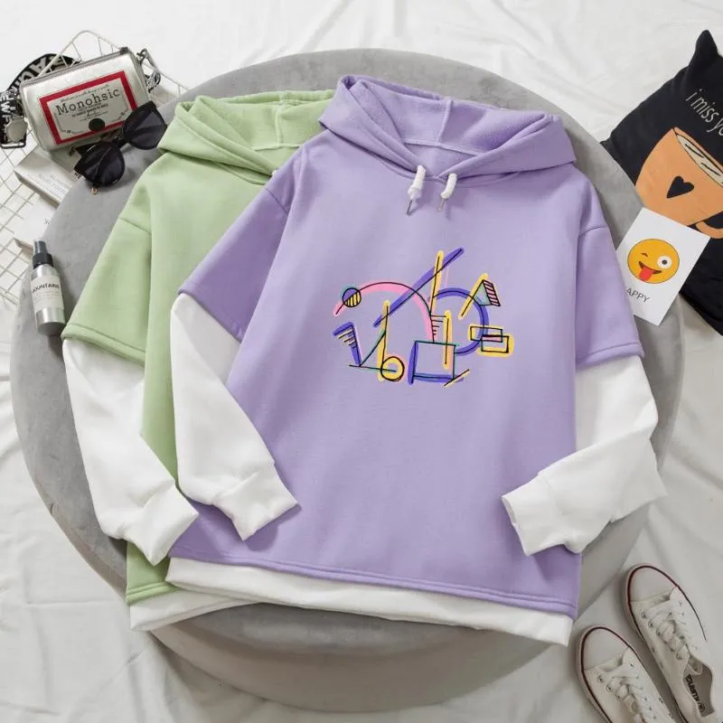 Kadın Hoodies Patchwork Hoodie Kadın Soyut Grafik Kore Ceket Renk Blok Sweatshirt Pastel Estetik Külot Yumuşak Moda Sokağı