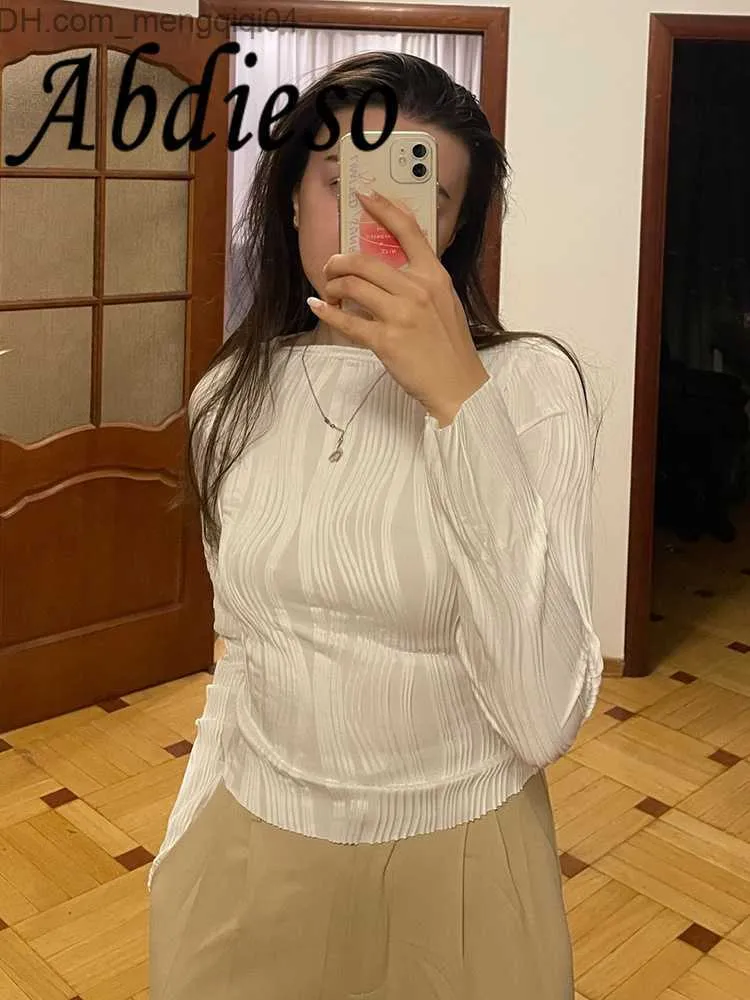 Women's Knits Tees Abdieso 2023 Ruched Long Sleeve Basic T-shirt Women's White Elegant Spring O-Neck Tight Casual T-shirt Fashion Y2K Crop Top Z230717