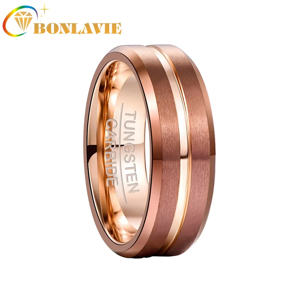 Bröllopsringar Bonlavie 8mm Bredd Tungsten Carbide Ring Brown Plating Rose Gold Middle Groove Angle Tungsten Steel Men's Ring Comfort Fit 230717