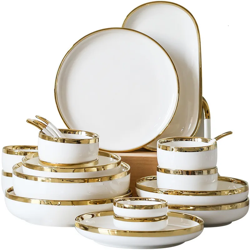 Yemek tabakları nordic tarzı altın kakma parlak beyaz porselen yemek setleri seramik kase yemek set set yemek takımı ev için el 230717