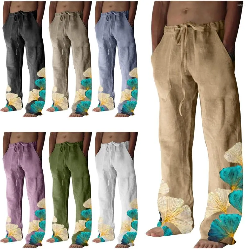 Pantaloni da uomo in cotone e lino per uomo con stampa a foglia, casual, larghi, larghi, stile hippy, retrò, classici, leggeri, da yoga