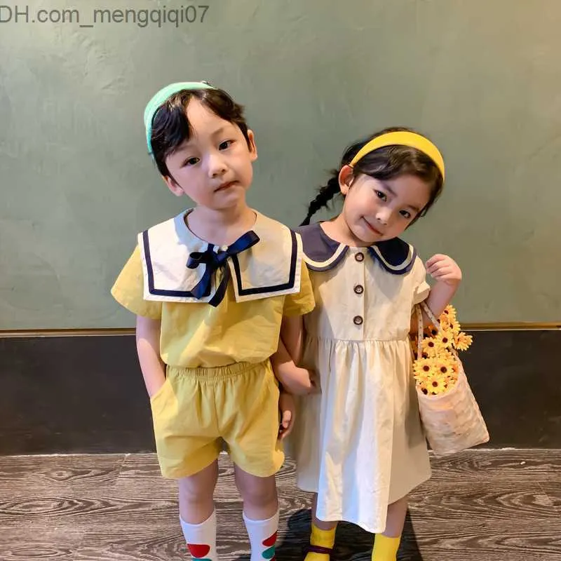 Clothing Sets Summer Kids Boys Girls Cotton Set Baby Set Sailor Collar Short Sleeve T-shirt+Shorts Children's Clothing Brother sisters Appearance 0-8Y Z230717