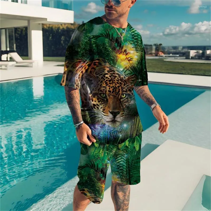 Herrspårar sommar mode personlighet casual 3d tryckt leopard t-shirt shorts sport jogging överdimensionerad storlek dräkt
