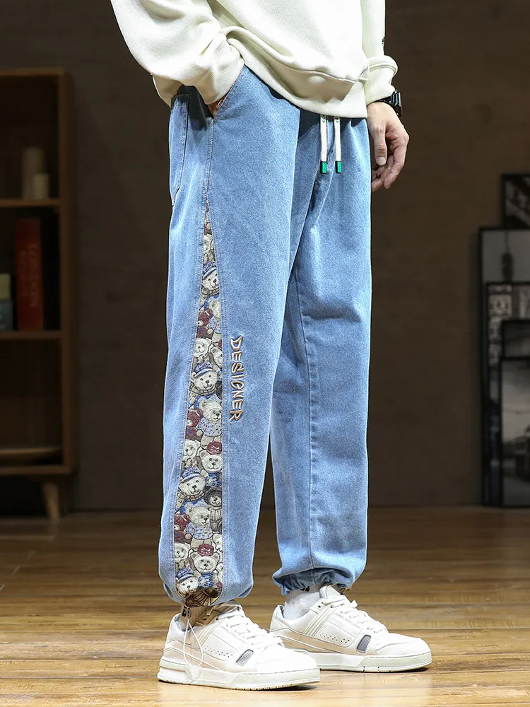 Mens Bear Patchwork Wide Leg Denim Joggers Hip Hop