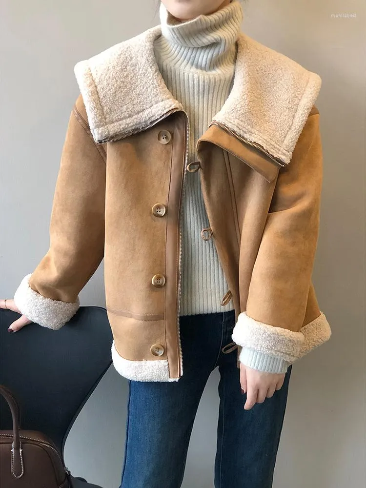 Women's Trench Coats Winter Women Autumn Sheepskin Faux Lamb Fur Thick Warm Jacket With Belt Streetwear Female Zipper Loose Moto Biker Coat