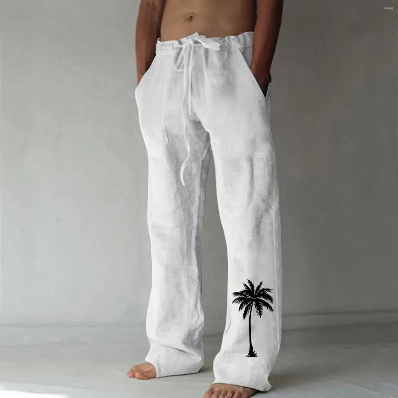 Męskie spodnie naśladowanie bawełniane lniane spodnie dłoniowe na hawajskie elastyczne talia luźne luźne letnie letnie