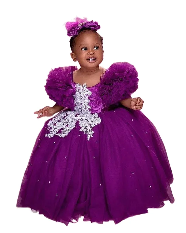 Violet Dentelle Cristaux Robes De Fille De Fleur Robe De Bal Tulle Élégant Lilttle Enfants Anniversaire Pageant Robes De Mariage