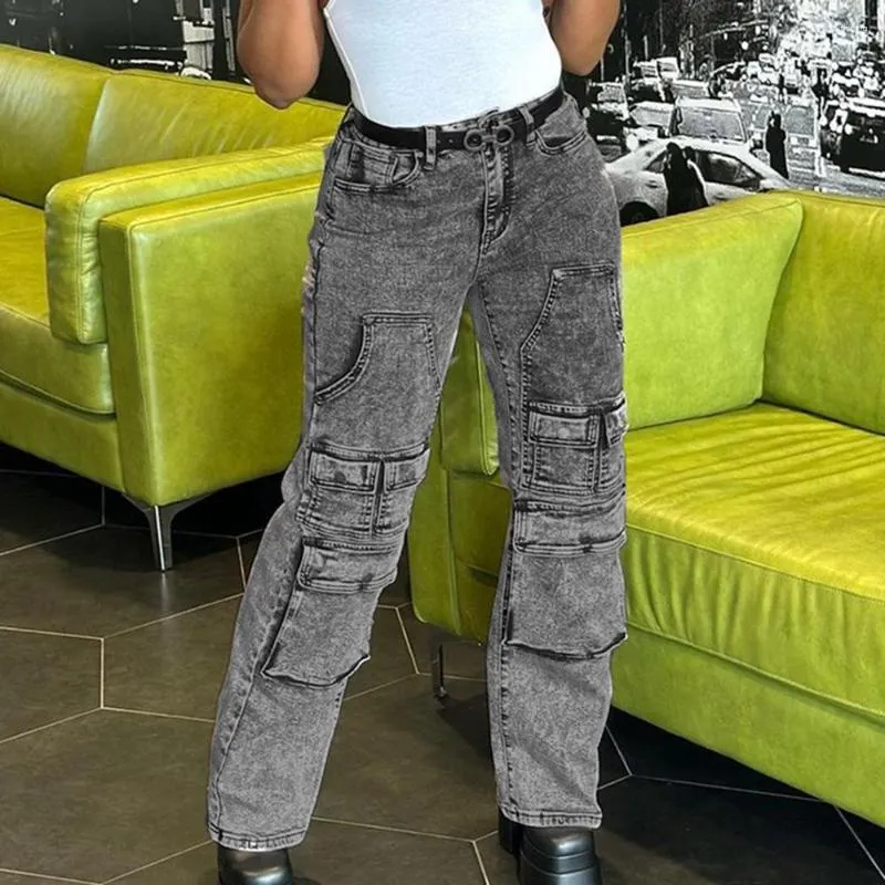 Kvinnors jeans 90 -talets hiphop streetwear y2k mode grå hajuku 2023 för kvinnans höga midja raka vintage denimbyxor