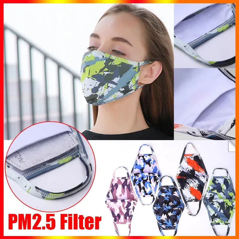 Maska twarzy kamuflaż druki Camo Pokrywa usta przeciw kurzu PM2.5 Respirator do mycia wielokrotnego użytku Ochronne bawełniane bawełniane maski dla dorosłych