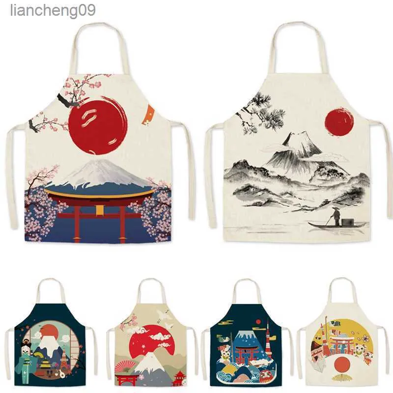 Japanese Mount Fuji Printed Kitchen Apron Home Cleaning Sleeveless Cotton Linen Aprons for Women Men Baking Cooking Accessories L230620