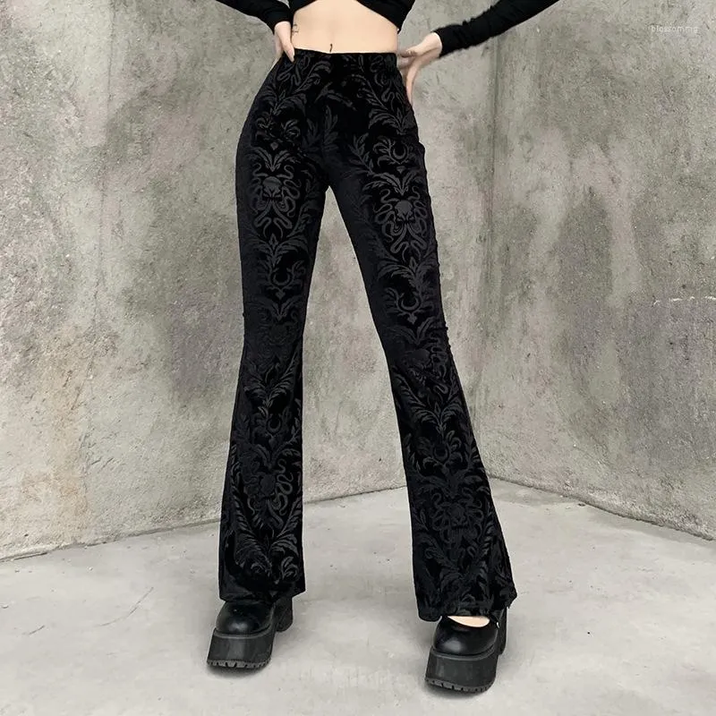 Pantalon femme automne hiver rétro Street Style fille discothèque Flare femmes noir Jacquard Y2K Pleuche Vintage décontracté pantalons longs