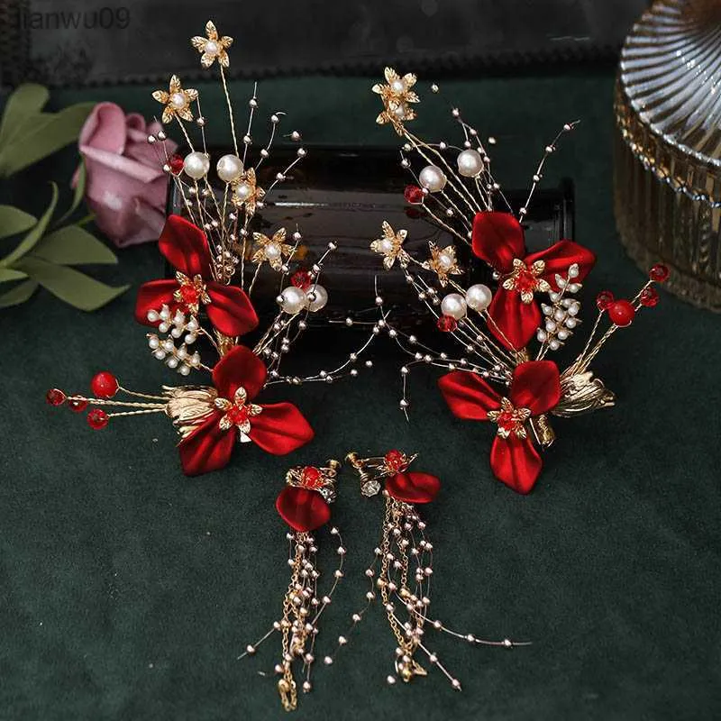 Vintage Chinese Style Clip Red Hair Pins and Clips Flower Headband Earrings Set Women Wedding Party Headdress Jewelry FORSEVEN L230704