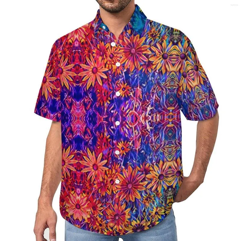 メンズカジュアルシャツトレンディなヒマワリビーチシャツ抽象アートプリントハワイアンメンY2Kブラウス半袖グラフィック衣類プラスサイズ