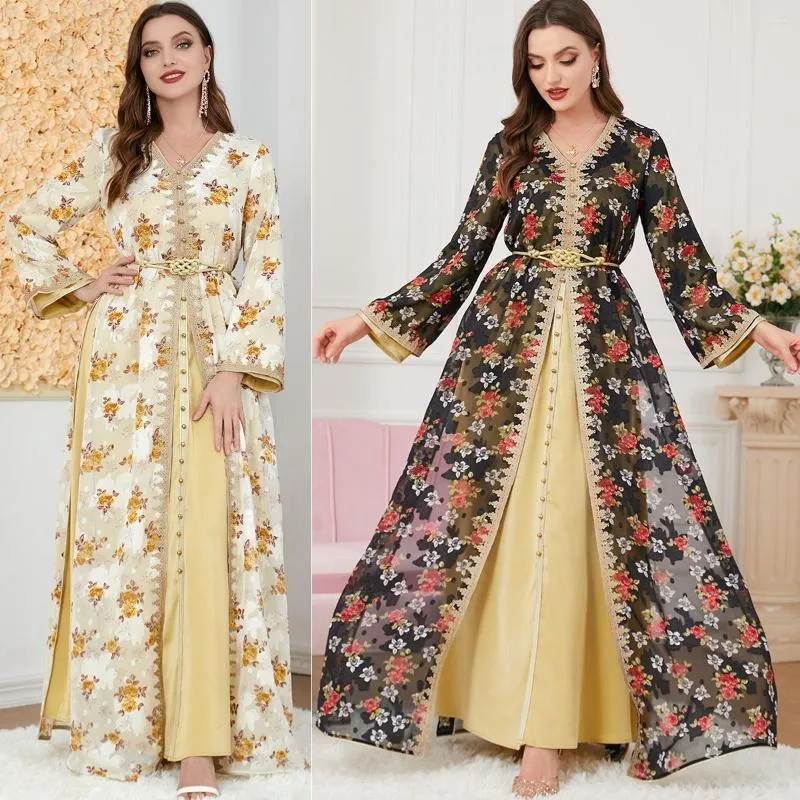 Ethnische Kleidung 2023 Drucken Robe Kleider Abayas Für Frauen Elegante Casual Muslim 2 Stück Set Blumenstickerei Guipure-spitze Einsatz Gürtel