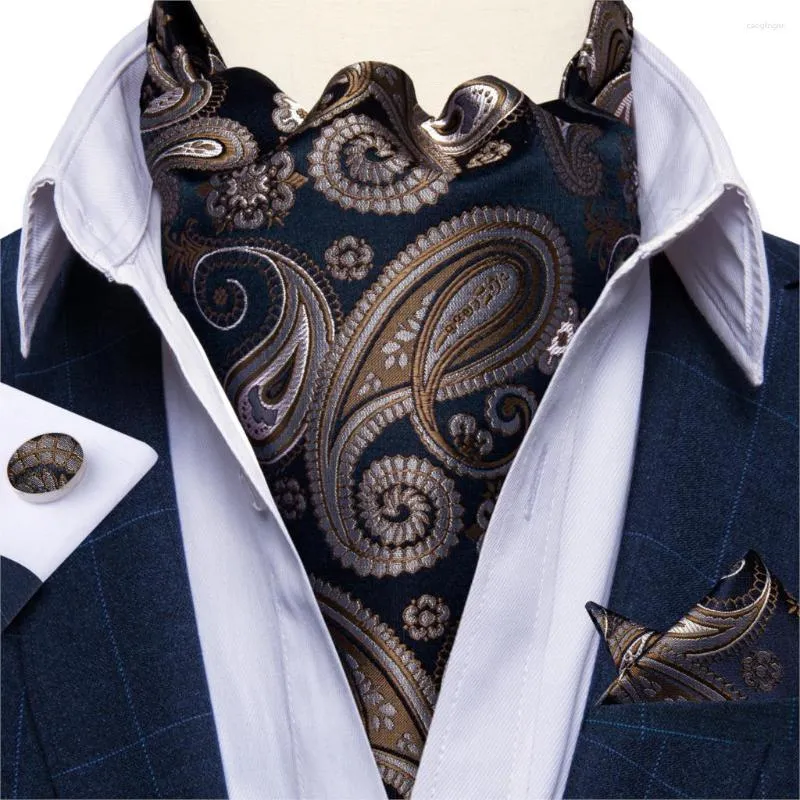 Bow Ties Men's Classic Vintage Silk Ascot Tie 3PCS Set Luxury Blue Gold British Floral Pattern Man Cravat For Wedding Party Business