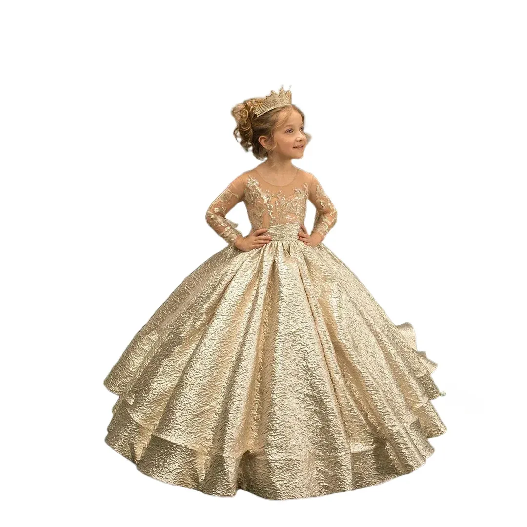 Vestido de niña de flores doradas, manga de ilusión de princesa con botones de lazo, falda deliciosa, fiesta de cumpleaños, boda, niños, dama de honor, hecho a medida