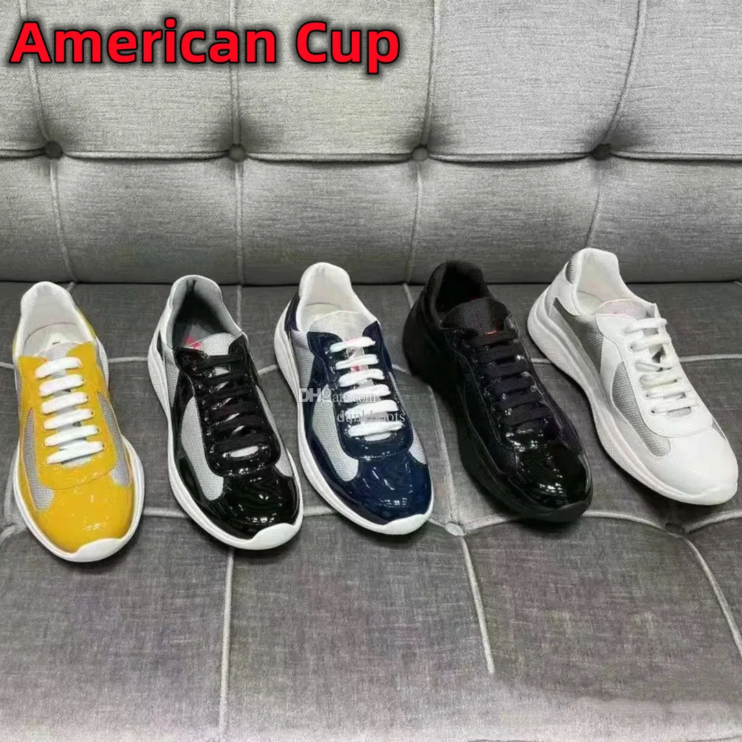 المصمم الفاخر كأس أمريكي مدربون رجال أحذية أحذية أحذية أحذية متساوية براءة اختراع جلدية مسطحة من النايلون المطاطية السوداء الأسود الأبيض